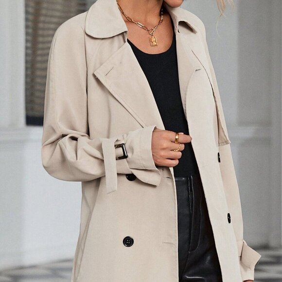 Khaki Casual Women's Raglan Sleeve Double Breasted Belted Trench Coat - Picture 5 of 6